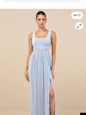 Lulu's Powder Blue Pleated Maxi Dress with Square Neck and Side Slit